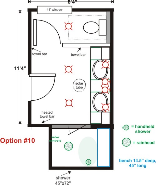 Can I do a floating semi-circle shower bench (shower layout check too)