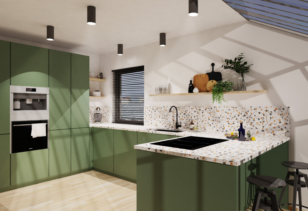 Idéer för ett stort modernt flerfärgad kök, med en undermonterad diskho, luckor med profilerade fronter, gröna skåp, bänkskiva i terrazo, flerfärgad stänkskydd, rostfria vitvaror och ljust trägolv