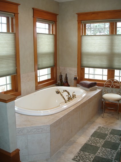 Large master multicolored tile and ceramic tile ceramic tile drop-in bathtub photo with multicolored walls