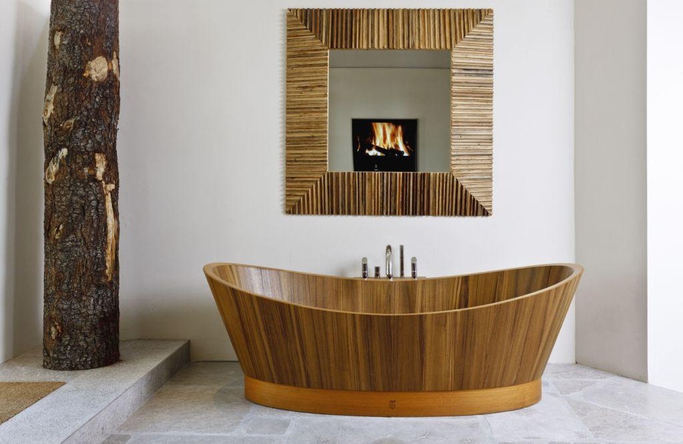 Photo of a contemporary bathroom in Miami with a freestanding tub.
