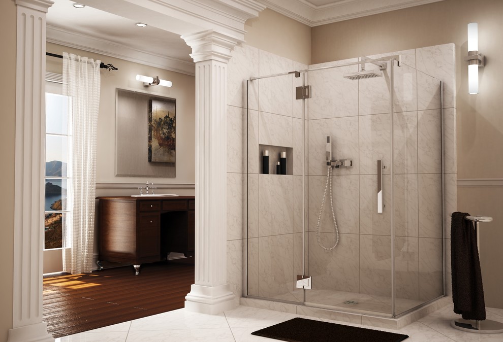 Design ideas for a mid-sized traditional master bathroom in Cleveland with a corner shower, beige tile, ceramic tile and ceramic floors.