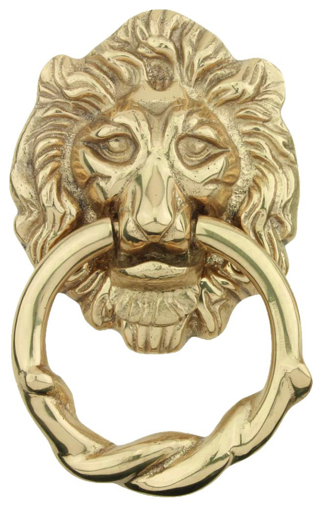Solid Cast Brass Lion Front Door Knocker 6.25" Tall Lacquered Brass