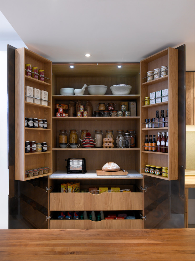 Photo of a large contemporary kitchen pantry in London.