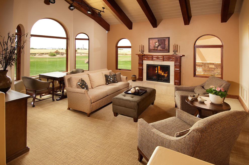 Mid-sized transitional open concept living room in Phoenix with beige walls, a standard fireplace, no tv, carpet and a tile fireplace surround.