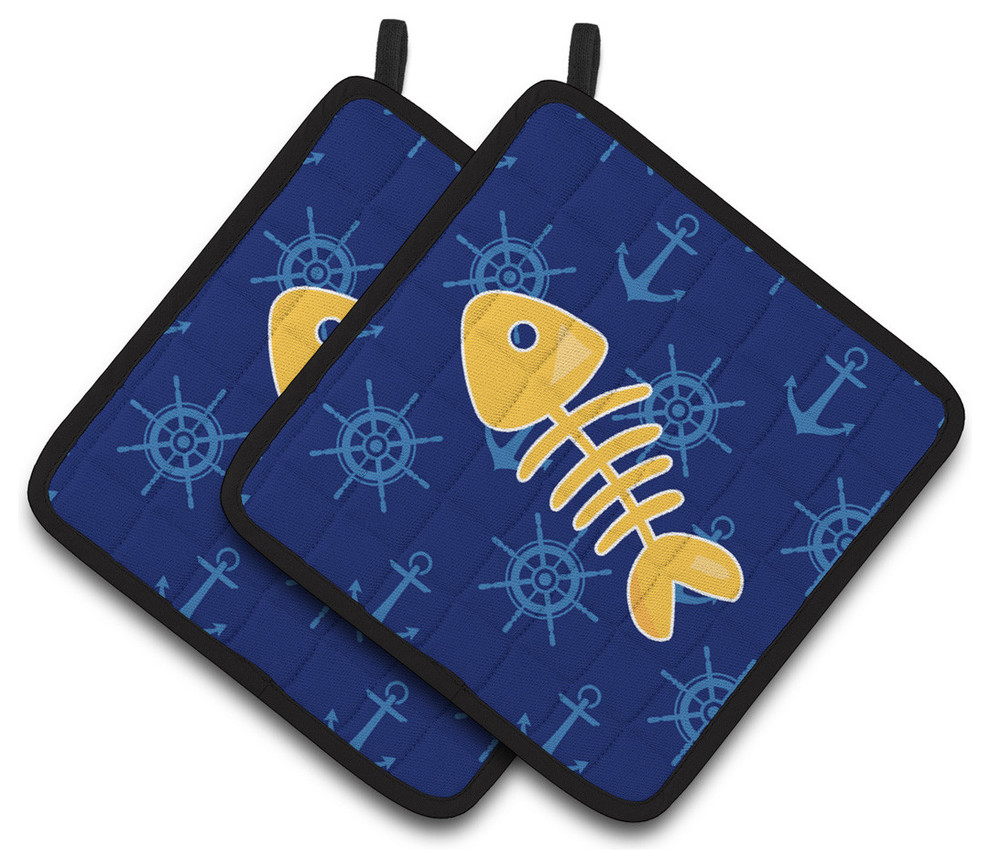 Fish Bones Pot Holders, Set of 2 Beach Style Oven Mitts And Pot