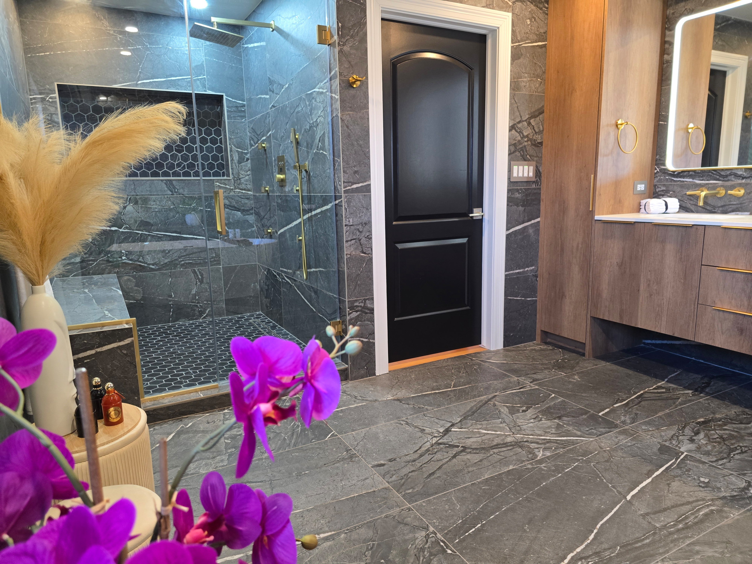 Main Bath full remodeling with custom vanity, freestanding tub & walk-in shower