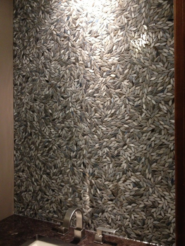 Inspiration for a glass tile bathroom remodel in Edmonton