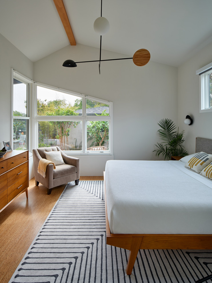 Mittelgroßes Modernes Hauptschlafzimmer mit weißer Wandfarbe, Korkboden, braunem Boden und gewölbter Decke in Los Angeles