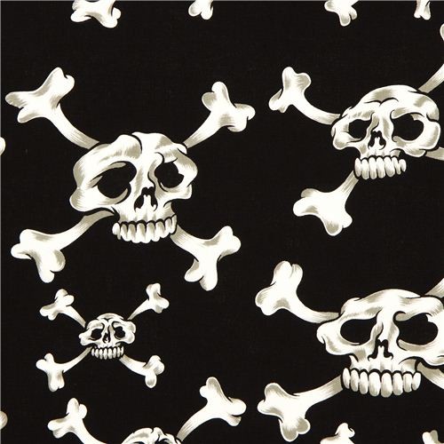 black Alexander Henry fabric with white skulls and bones