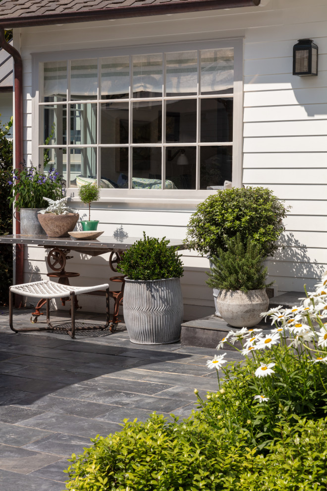 Cette image montre une terrasse rustique avec une cuisine d'été et une cour.