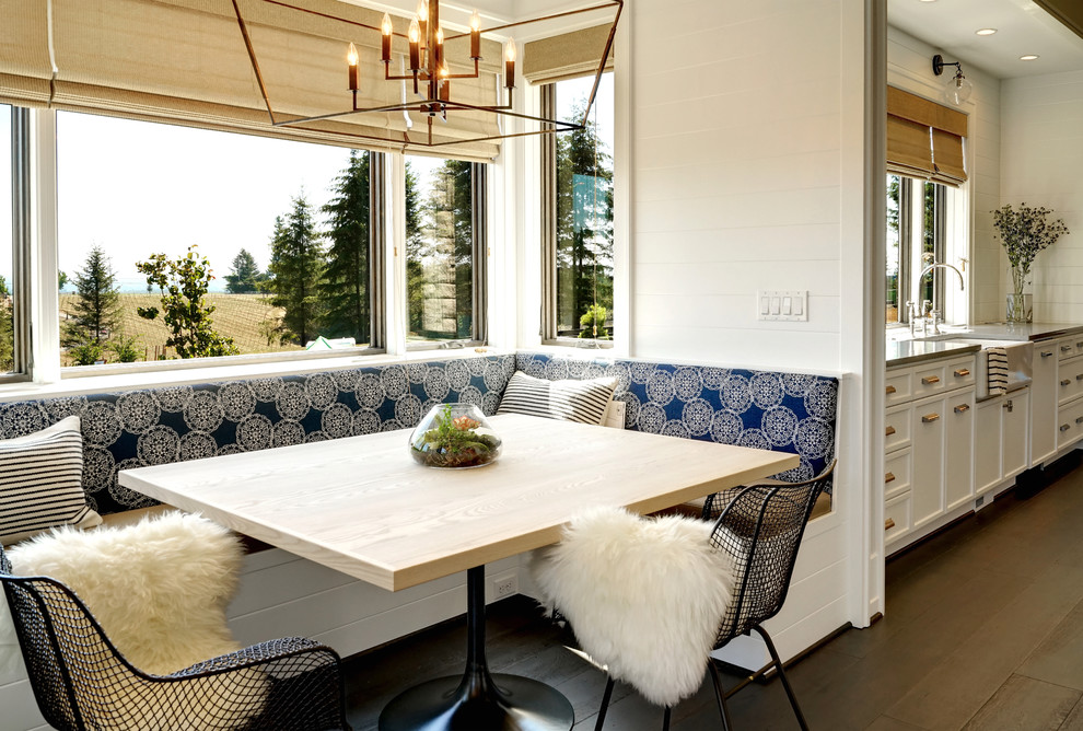 Inspiration for a large transitional separate dining room in Portland with white walls and dark hardwood floors.