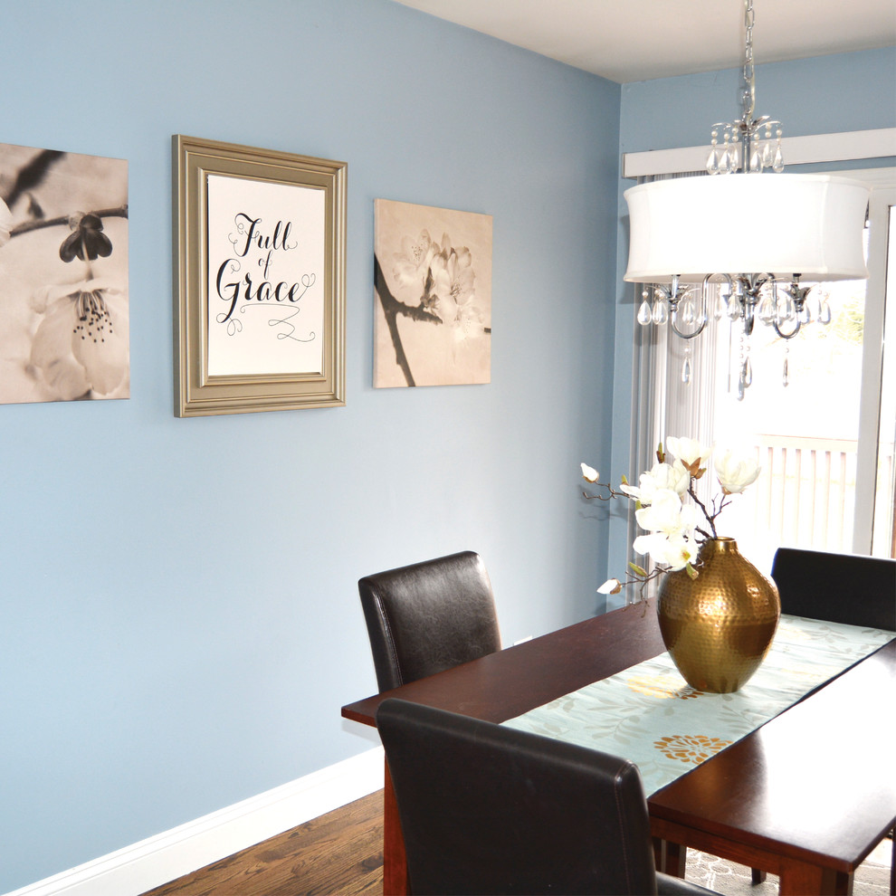 Photo of a mid-sized traditional separate dining room in Chicago with blue walls, dark hardwood floors and no fireplace.