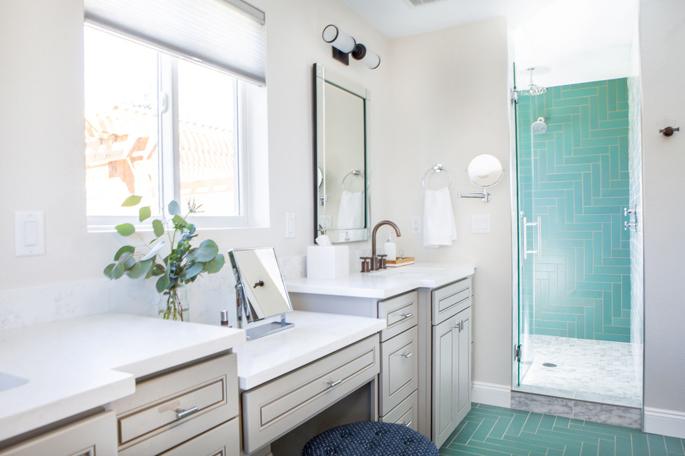 Design ideas for a large transitional master bathroom in Denver with grey cabinets, a freestanding tub, green tile, ceramic tile, beige walls, ceramic floors, green floor, a hinged shower door and white benchtops.