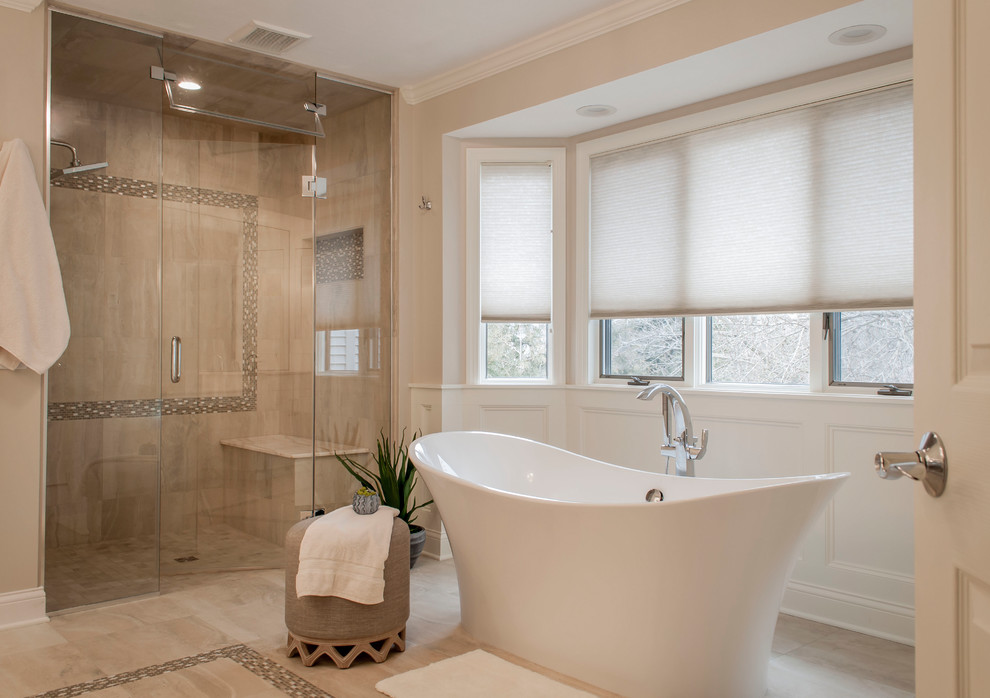 Photo of a mid-sized traditional master bathroom in Cleveland with shaker cabinets, white cabinets, a curbless shower, beige tile, porcelain floors, onyx benchtops, beige floor, a hinged shower door and white benchtops.