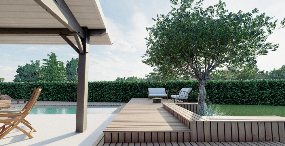 Aménagement d'une grande piscine arrière méditerranéenne rectangle avec une terrasse en bois.