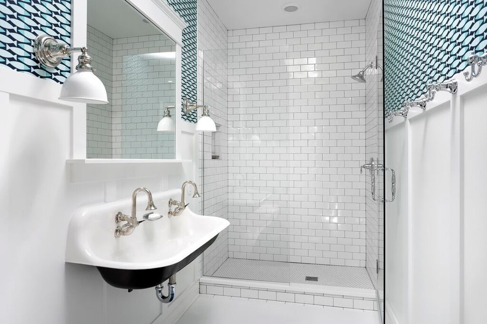 Modern Farmhouse - Beach style kids' white tile bathroom photo in Chicago with multicolored walls, a trough sink and a hinged shower door