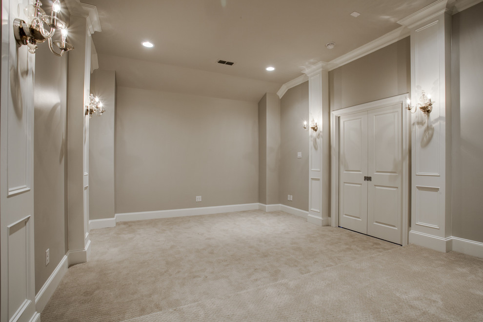 Inspiration for a transitional enclosed home theatre in Dallas with grey walls, carpet and a projector screen.