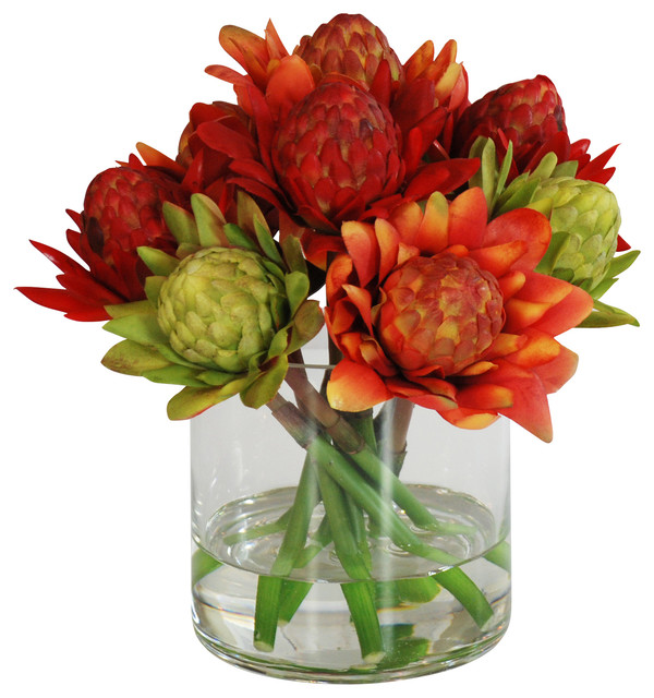 Waratah Blossom In Glass Tropical Artificial Flower Arrangements