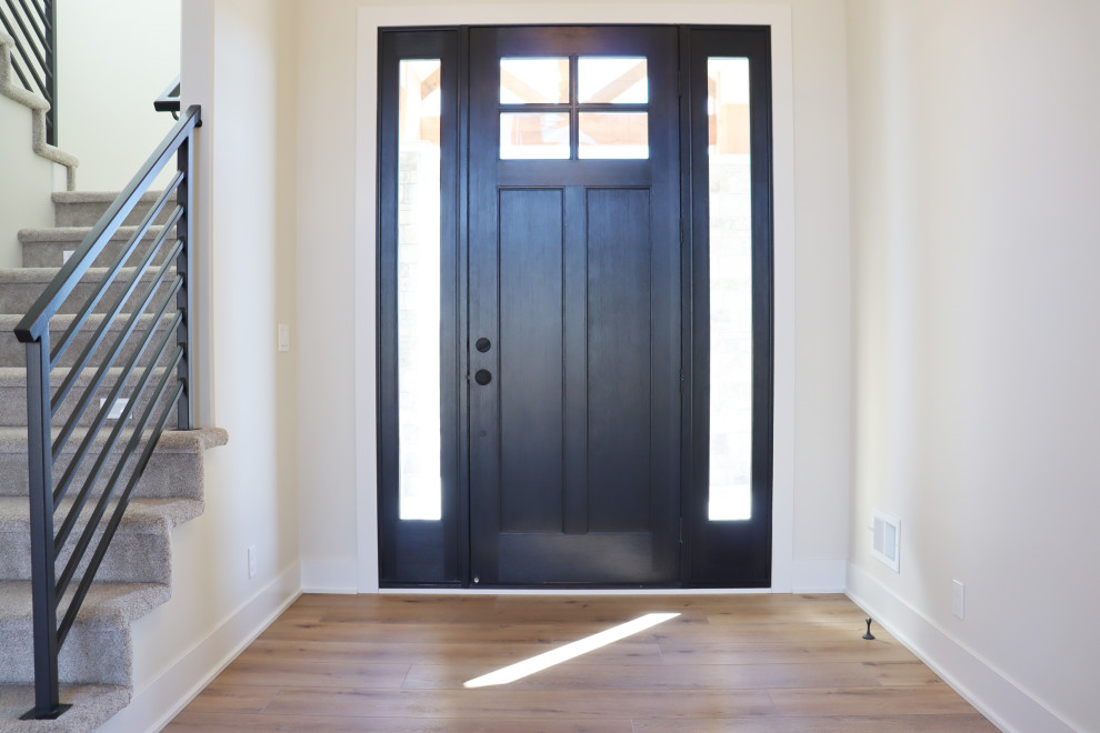 Cette image montre une porte d'entrée traditionnelle avec une porte simple et une porte noire.