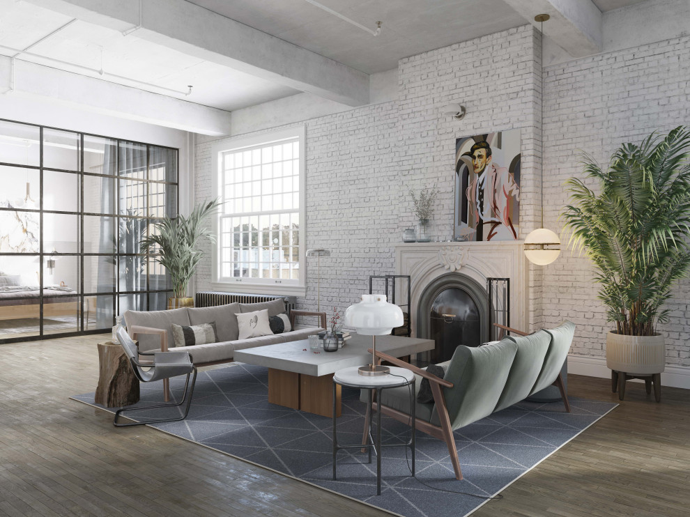 Design ideas for a large scandi formal mezzanine living room in New York with white walls, medium hardwood flooring, a standard fireplace, a stone fireplace surround, no tv, beige floors, exposed beams and brick walls.