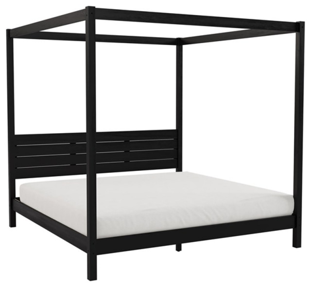 Pemberly Row Wood King Size Canopy Bed with Slatted Headboard in Black ...