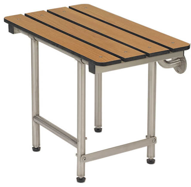 Folding Shower Bench Wall Mounted Phenolic Teak Slatted Contemporary Shower Benches
