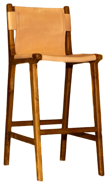 Leather Bar Stool With Natural Teak, Real Leather Bar Stools
