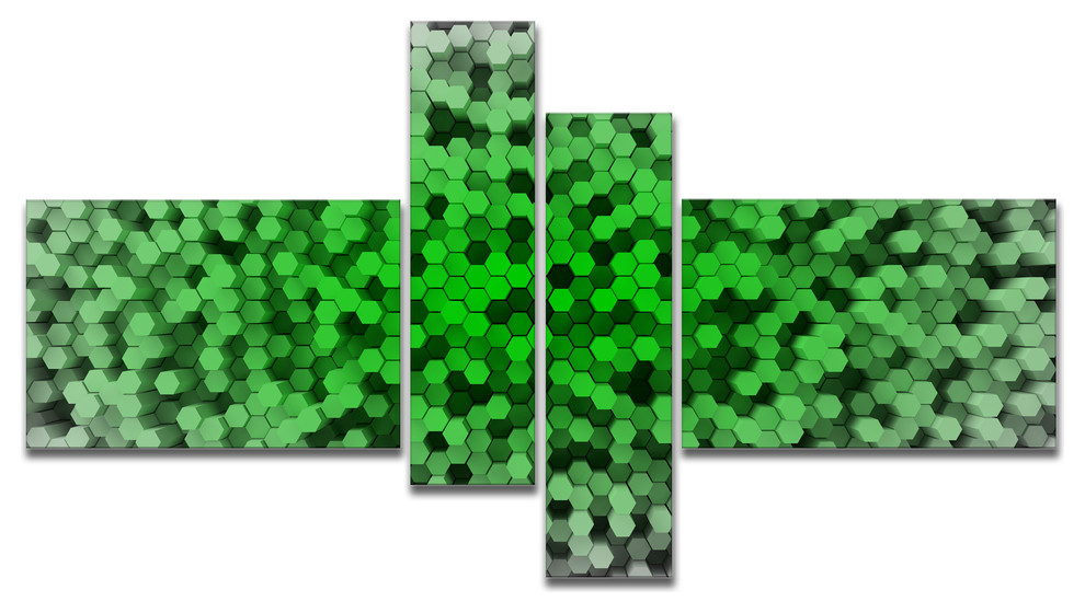 Random Elevated Green Hexagons, Abstract Wall Art Canvas, 60"x32", 4 panels