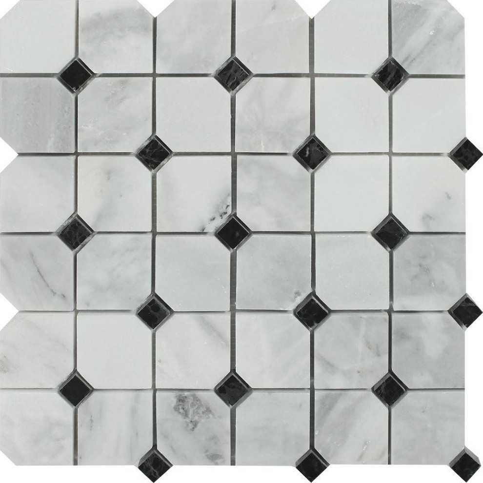 12"x12" European Bianco Mare Honed Marble Octagon Mosaic, Black Dots, Set of 50