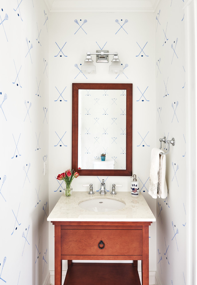 Inspiration for a traditional powder room in DC Metro with multi-coloured walls and an undermount sink.