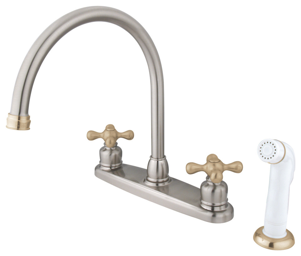 Vintage Double Handle Goose Neck Kitchen Faucet with White Sprayer