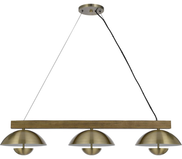 Lakeland 3 Light Island Light, Antique Brass and Wood Midcentury