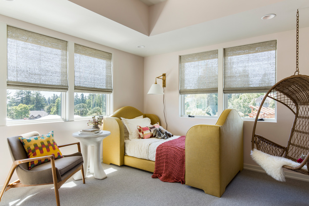 Design ideas for a transitional kids' room for girls in Portland with beige walls and carpet.