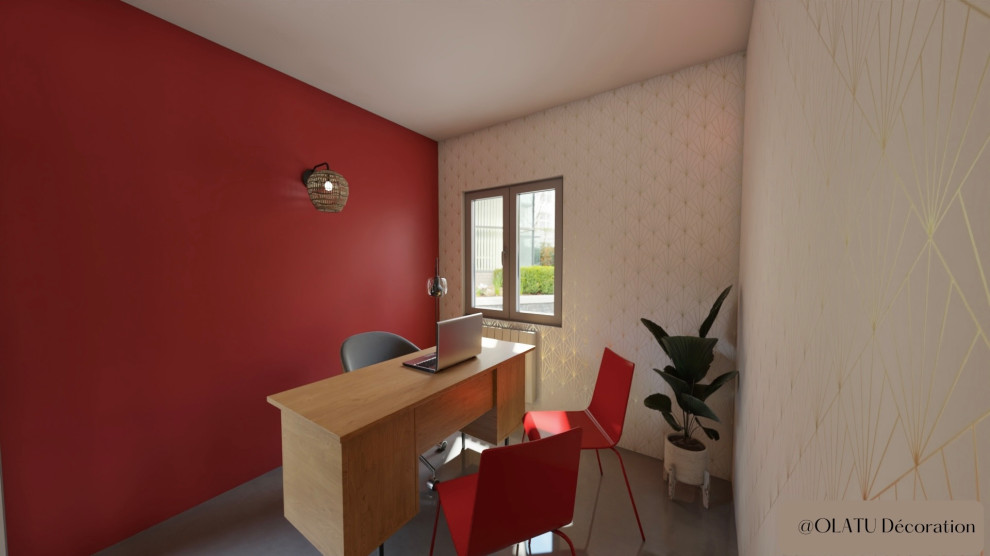 This is an example of a mid-sized home office in Other with red walls, concrete floors, a built-in desk, grey floor and wallpaper.