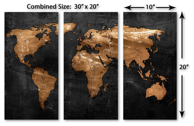Black, Bronze World Map Canvas Print Wall Art. 3 Panel Split, Triptych ...
