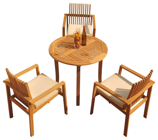 4Piece Outdoor Teak Dining Set 36" Round Table, 3 Clip Stacking Arm