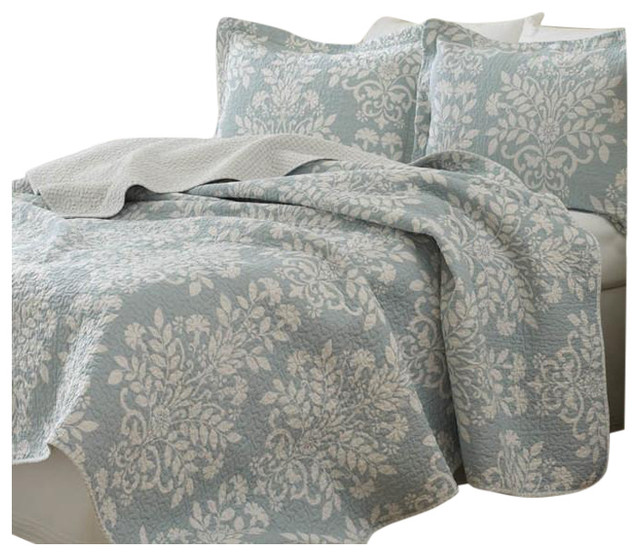 100 Cotton King Size 3 Piece Coverlet Quilt Set In Blue White