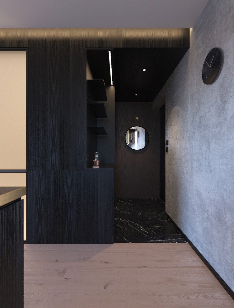 Small modern foyer in Hong Kong with grey walls, marble floors, a single front door, a black front door and black floor.