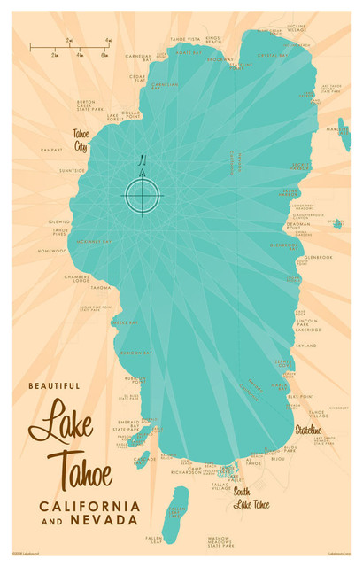 Lakebound Lake Tahoe Ca Nevada Map Art Print, 12"x18"