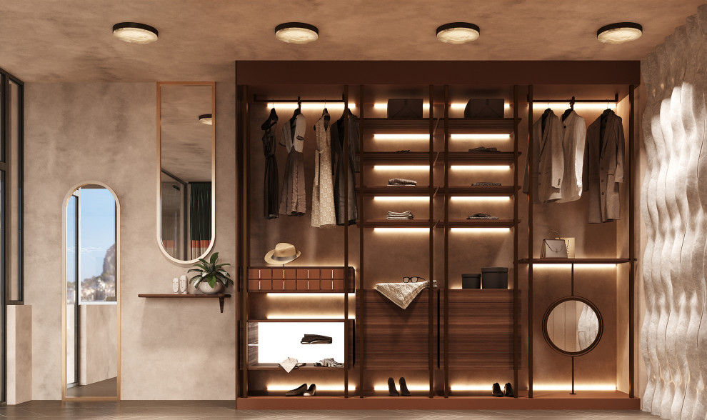 This is an example of a modern gender neutral walk-in wardrobe in Brussels with raised-panel cabinets, medium wood cabinets, dark hardwood flooring and brown floors.