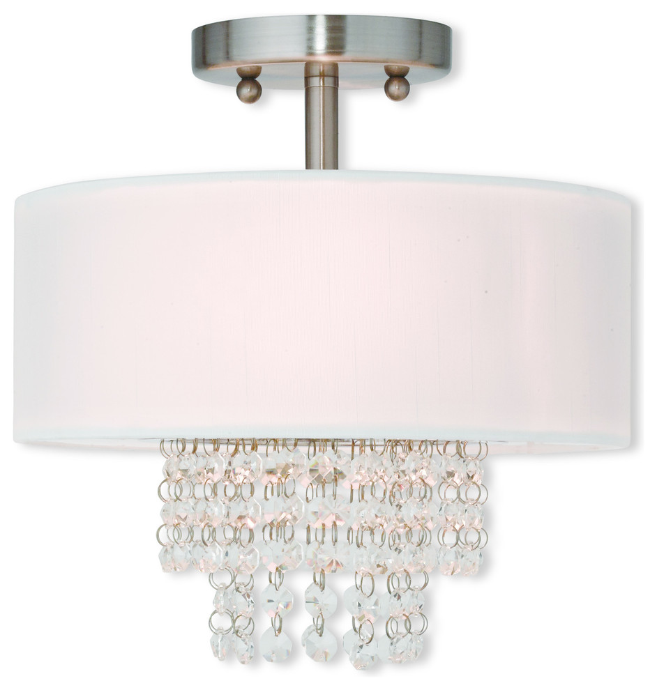 Ceiling Mount With Clear Crystals and Off-White Fabric, Brushed Nickel