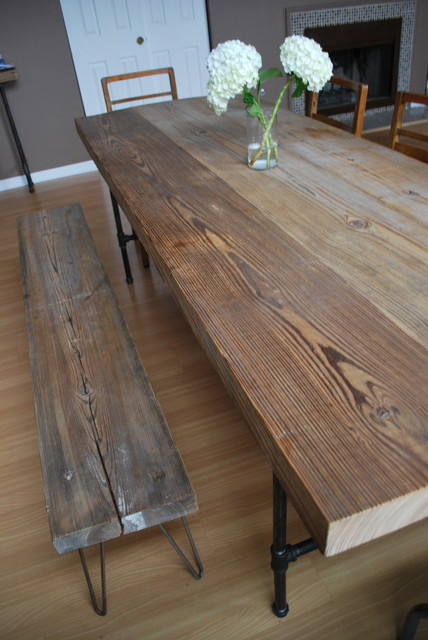 Reclaimed Wood And Steel Pipe Leg Table And Hairpin Leg Bench