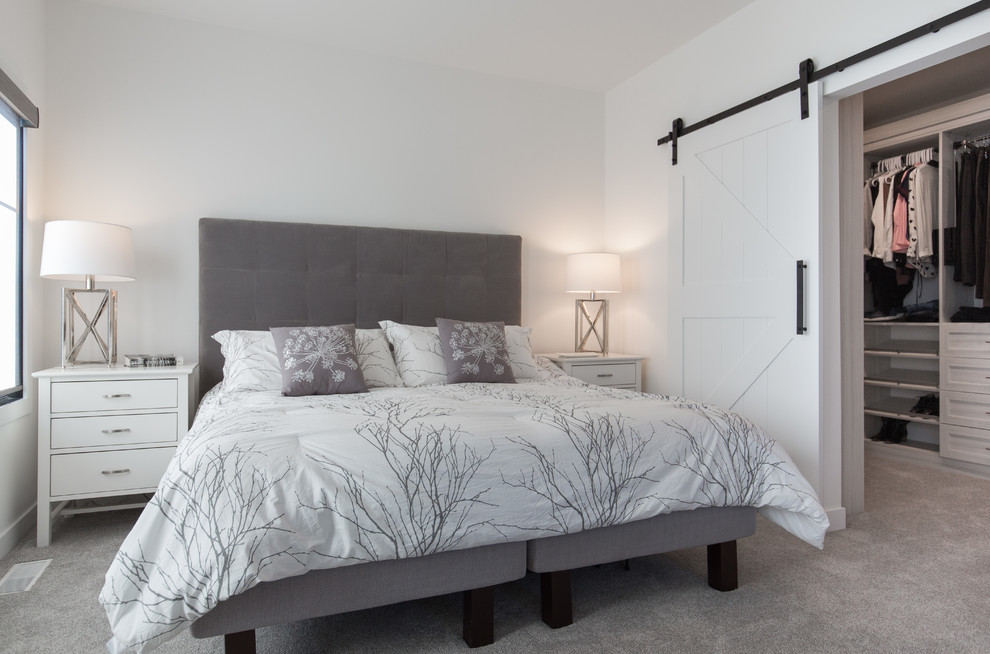 Design ideas for a mid-sized modern master bedroom in Calgary with white walls, carpet and grey floor.