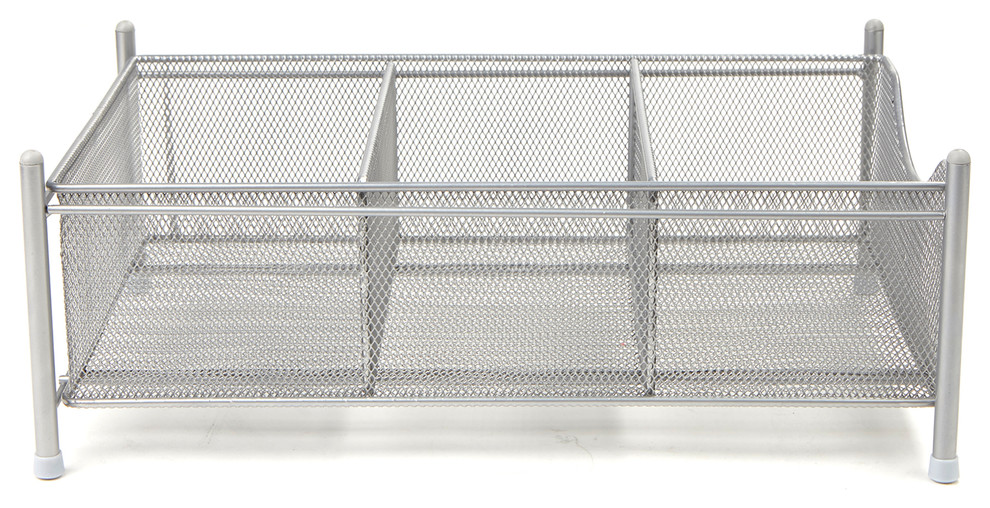 3 Compartment Metal Mesh Storage Bin Organizer, Silver Contemporary Storage Bins And Boxes