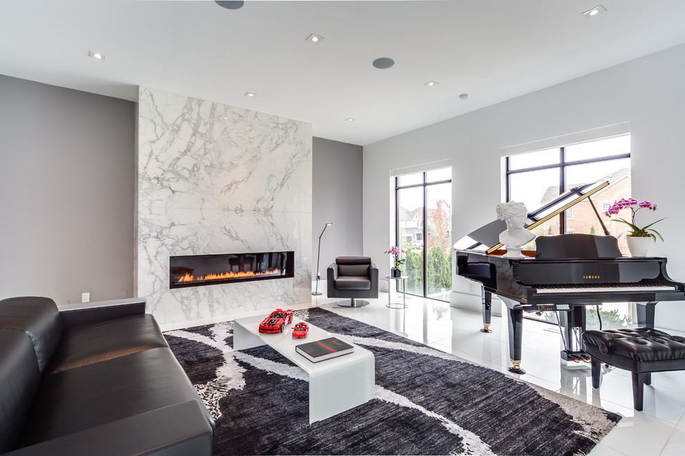 Inspiration for a contemporary formal living room in Toronto with grey walls, a ribbon fireplace and no tv.