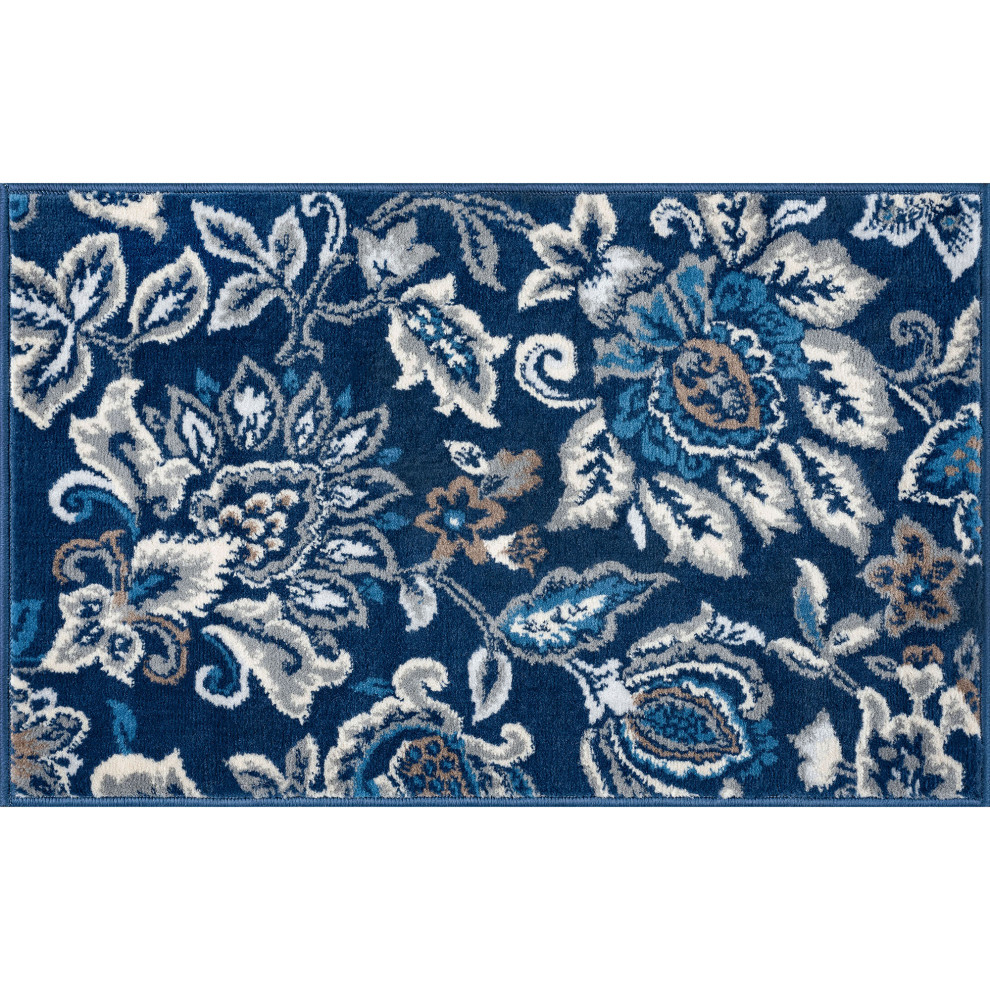 Stella Traditional Floral Dark Blue Scatter Mat Rug, 2'x3'
