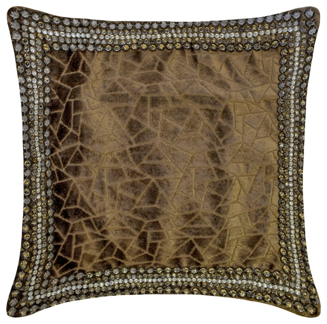 Brown Velvet, Crystal Border & Mosaic 18"x18" Throw Pillow Cover - Brown Mosaic