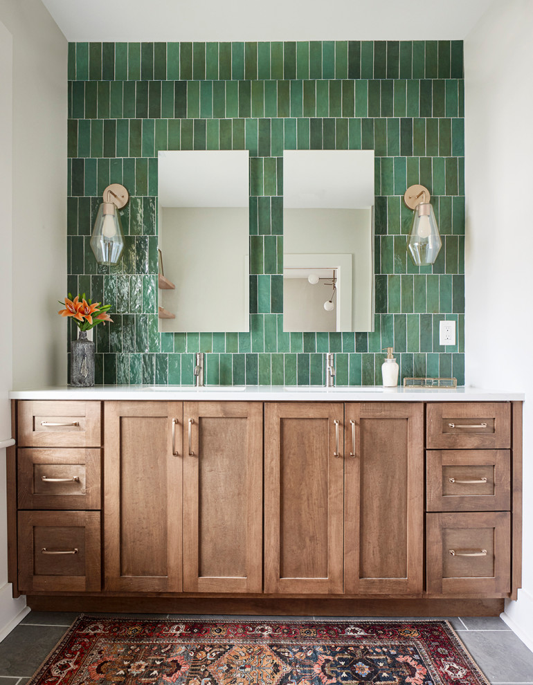Bathroom - large transitional master green tile double-sink bathroom idea in Other with brown cabinets, white walls, white countertops and a built-in vanity