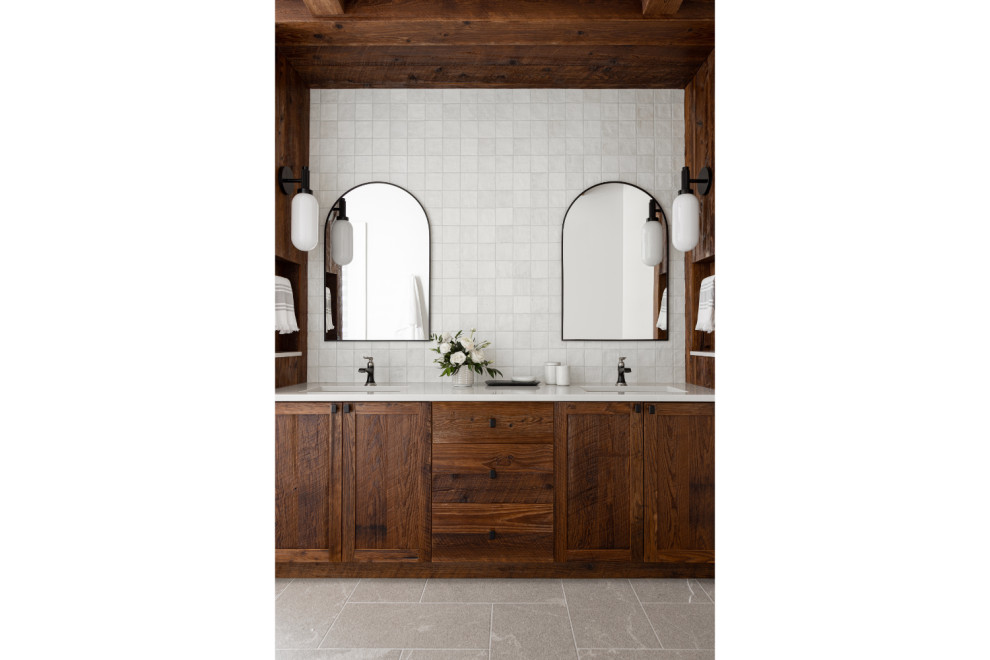 Inspiration for a large transitional master bathroom in Toronto with flat-panel cabinets, dark wood cabinets, white tile, a double vanity, a built-in vanity and white benchtops.