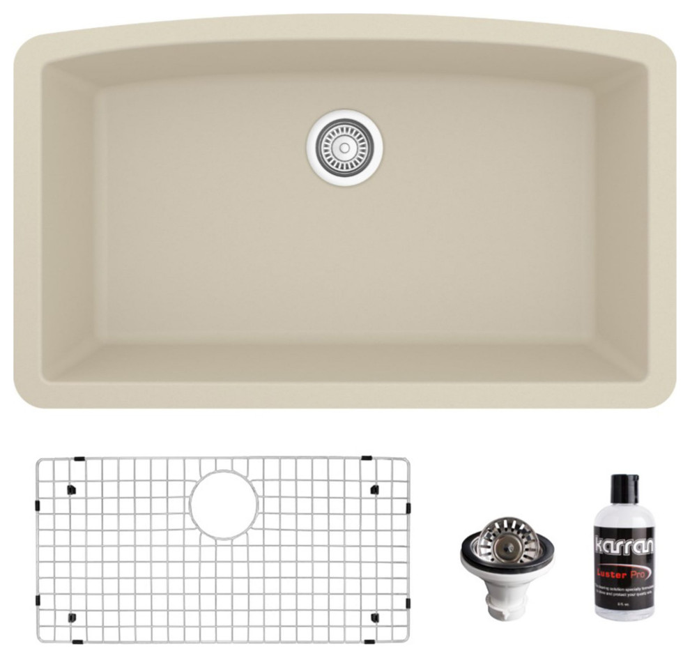 Karran Undermount Quartz 32" Single Bowl Kitchen Sink Kit, Bisque